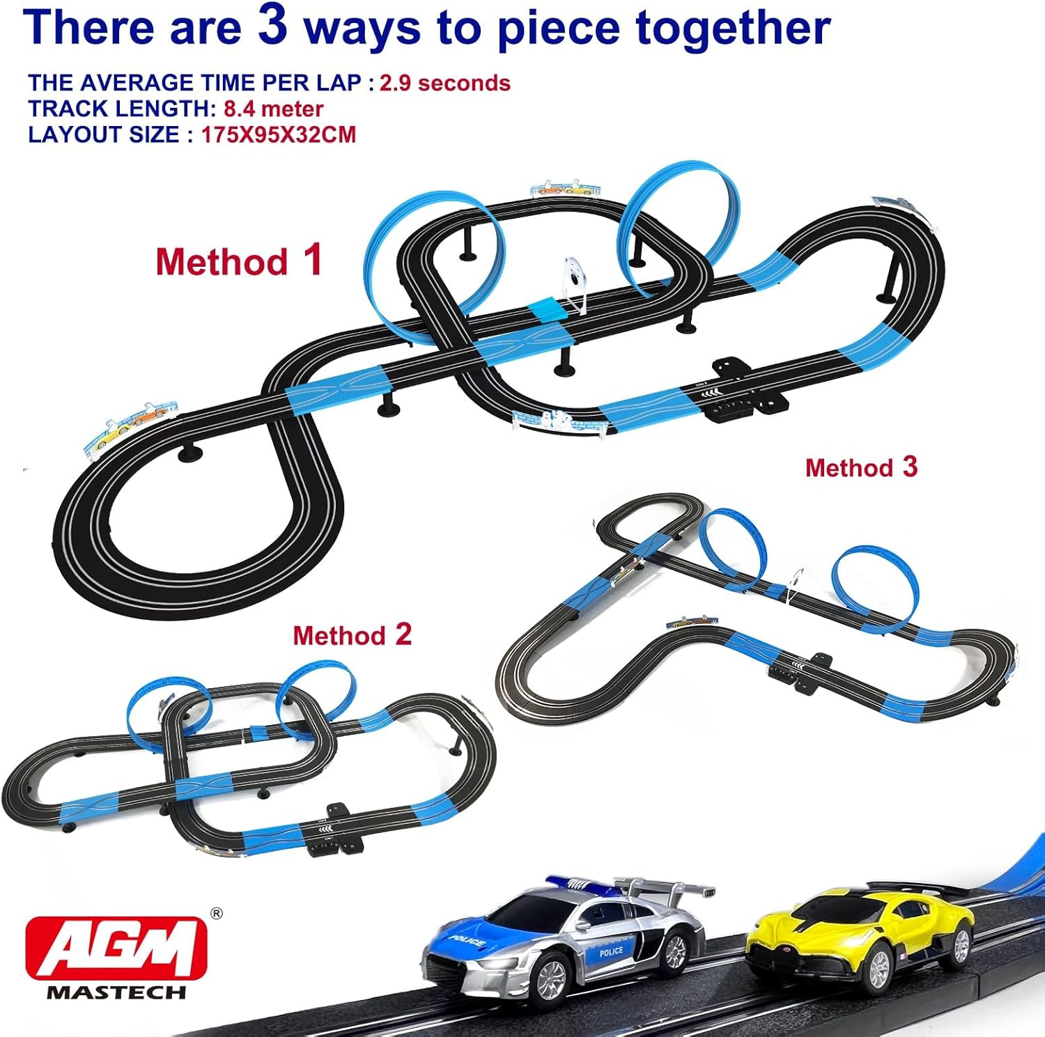 AGM MASTECH Slot Car Race Track Set, High Speed Series Tram Dual Track Set with 4 Licensed Racing Slot Cars, 2 Hand Controls, Track Parts and Lap Counter, 8.4M Long Track, Color Box
