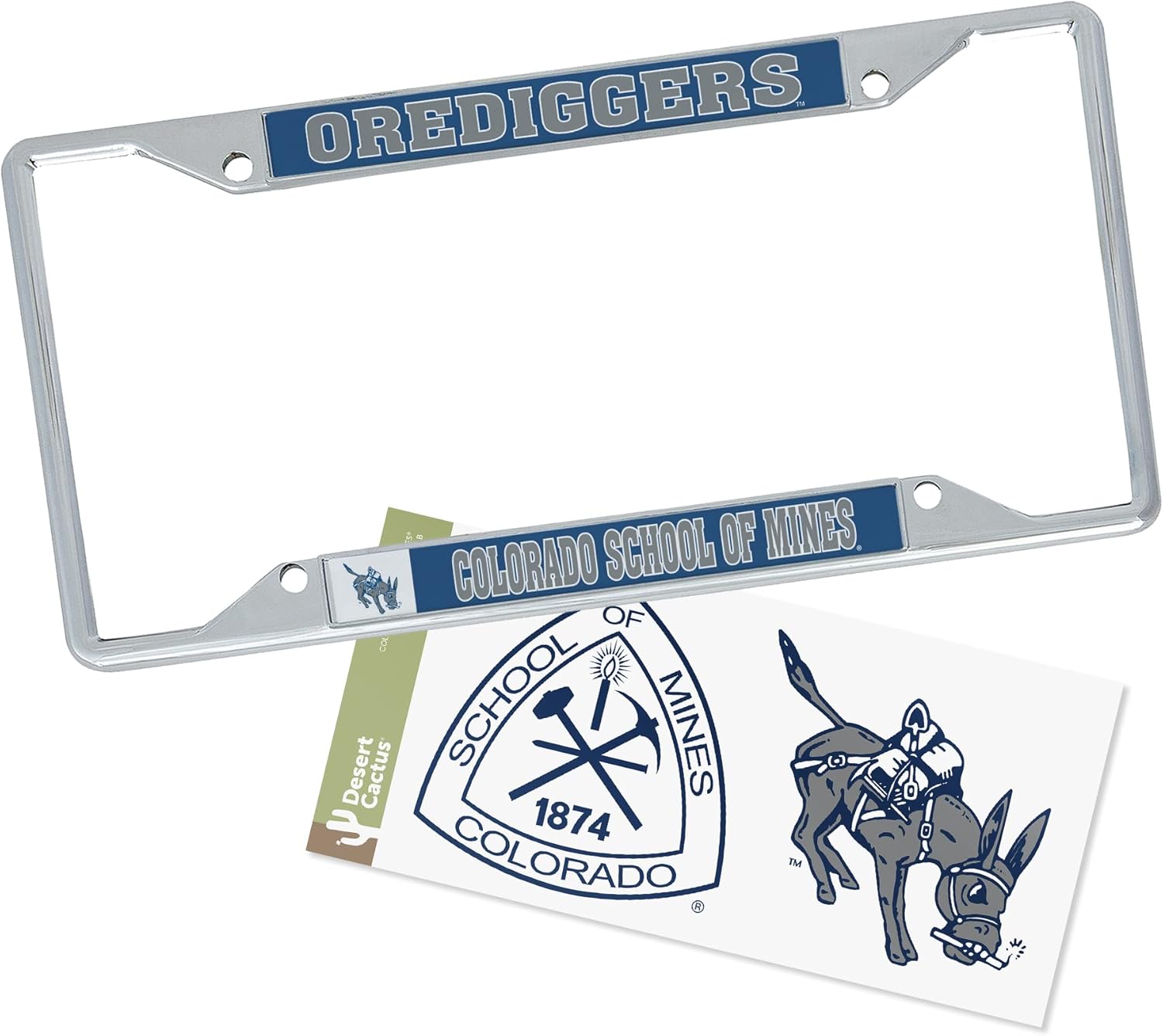 Desert Cactus Colorado School of Mines Car Accessories Metal License Plate Frame and Sticker for Front or Rear of Car (Sticker Frame Combo - Mascot)