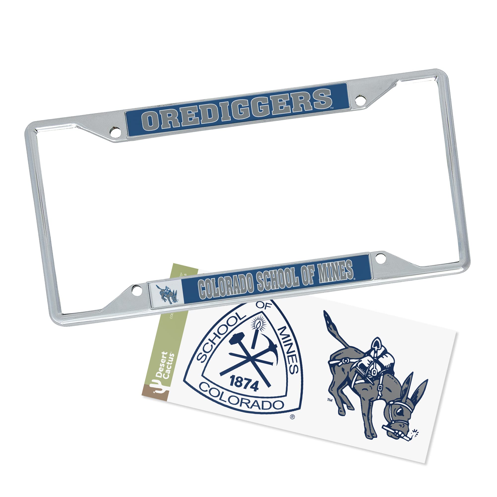 Desert Cactus Colorado School of Mines Car Accessories Metal License Plate Frame and Sticker for Front or Rear of Car (Sticker Frame Combo - Mascot)