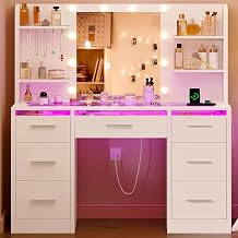 Makeup Vanity Desk with Mirror and Lights, White Vanity with Glass Top, 3 Colors LED Lights & Power Outlet, Vanity with RGB Drawers, Adjustable Lighted Dressing Table for Women & Girls Bedroom