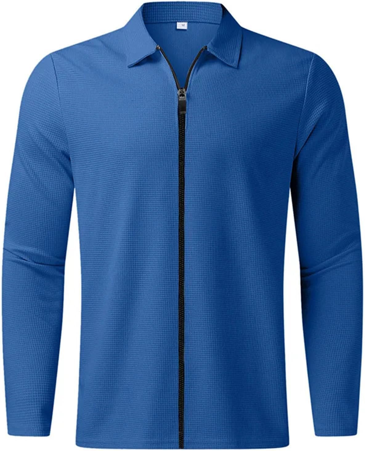Men's Waffle Outdoor Collared Jackets Casual Sports Zipper Cardigan Long Sleeve Pockets Coats