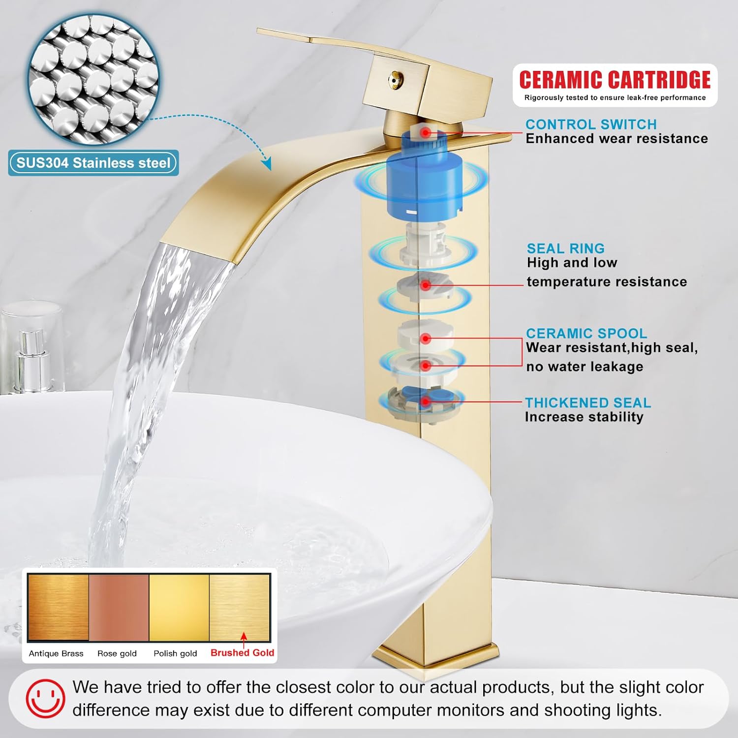 Midanya Waterfall Spout Bathroom Faucet Single Handle 1 Hole Bathroom Sink Faucet,Modern RV Lavatory Vanity Basin Tap with Water Hose,No Drain,Tall Body,Brushed Gold
