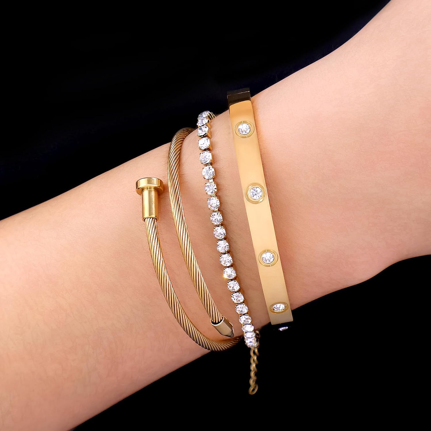 18K Gold Plated Bracelet Set for Women, 3Pcs Stackable CZ Tennis Bracelet Twisted Cuff Bangle Stackable Stainless Steel Love Bangle Bracelets, Dainty Hypoallergenic Non-Tarnish Fashion Jewelry