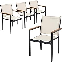 ML-Design Set of 4 Beige Garden Chairs Textilene Seat for Terrace, Wood Look and Metal Structure with Armrests and Backrest - Weatherproof Furniture