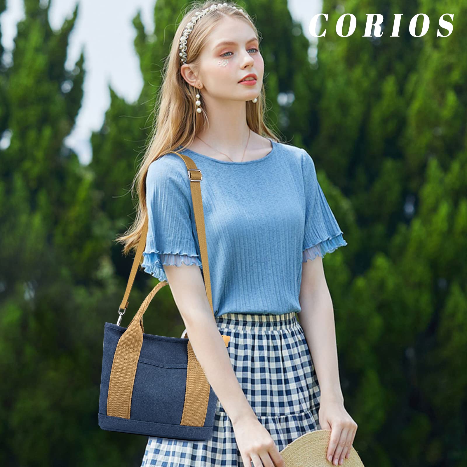 Bolso Bandolera para Mujer Bolso de Mano de Lona Pequeña Capacidad Bolsa Shopper Bolsa de Ociopara Casual Bolso Tote Multifuncional Bolso de Hombro para Citas Trabajo Viajes Compras Azul Oscuro