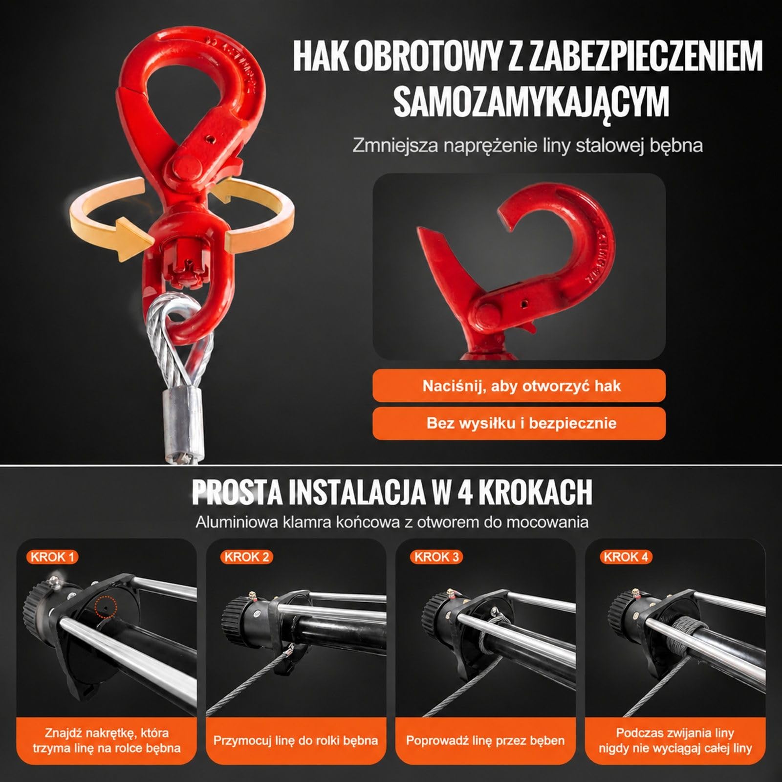 Lina wyciągarki ze stali węglowej z hakiem obrotowym i zatrzaskiem do auta, SUV, ATV oraz pojazdu terenowego
