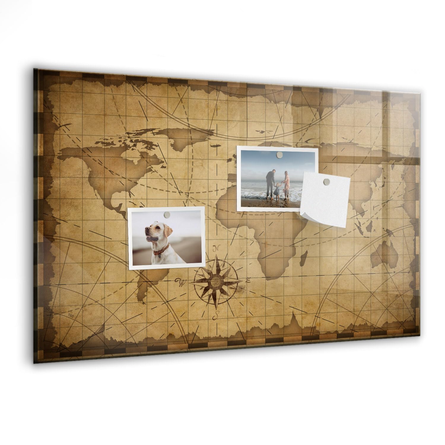 Glasmagnettafel mit Zubehör-Set | Magnetisch, beschreibbar, abwischbar | Planungsboard für Notizen, Aufgaben & Ideen | Ideal für Zuhause & Arbeitsplatz - 60x40cm Vintage-Weltkarte