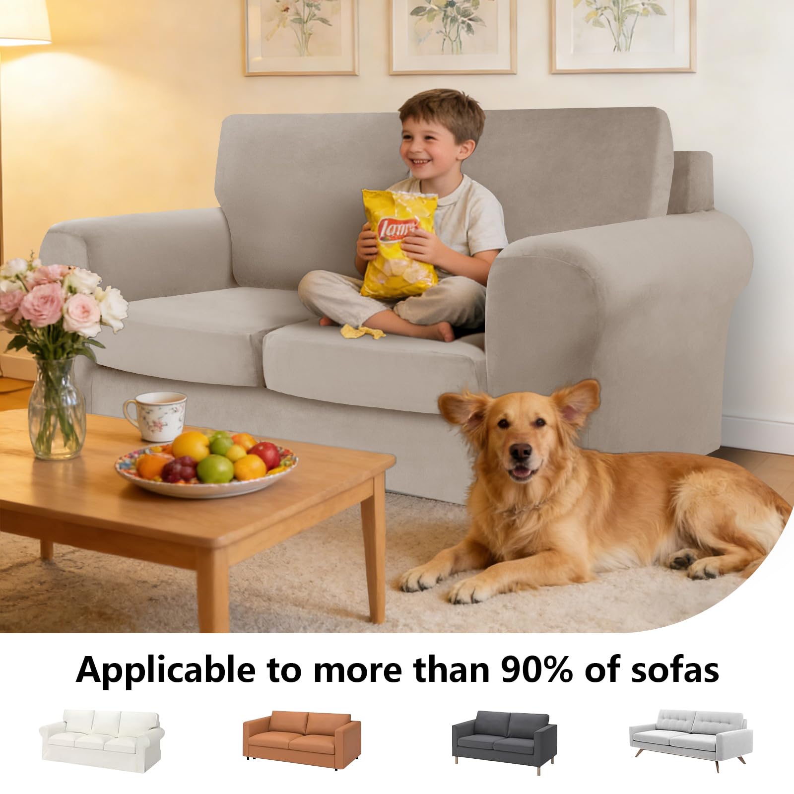 Funda Sofa 2 Plazas, Ektorp Fundas De Sofa Ajustables con Cojin Separado Y Asiento Terciopelo Capa Sofa Elasticas Forros para Biplaza Sofas Anti Gatos (Khaki, Large 2 Seater 5 PCS)