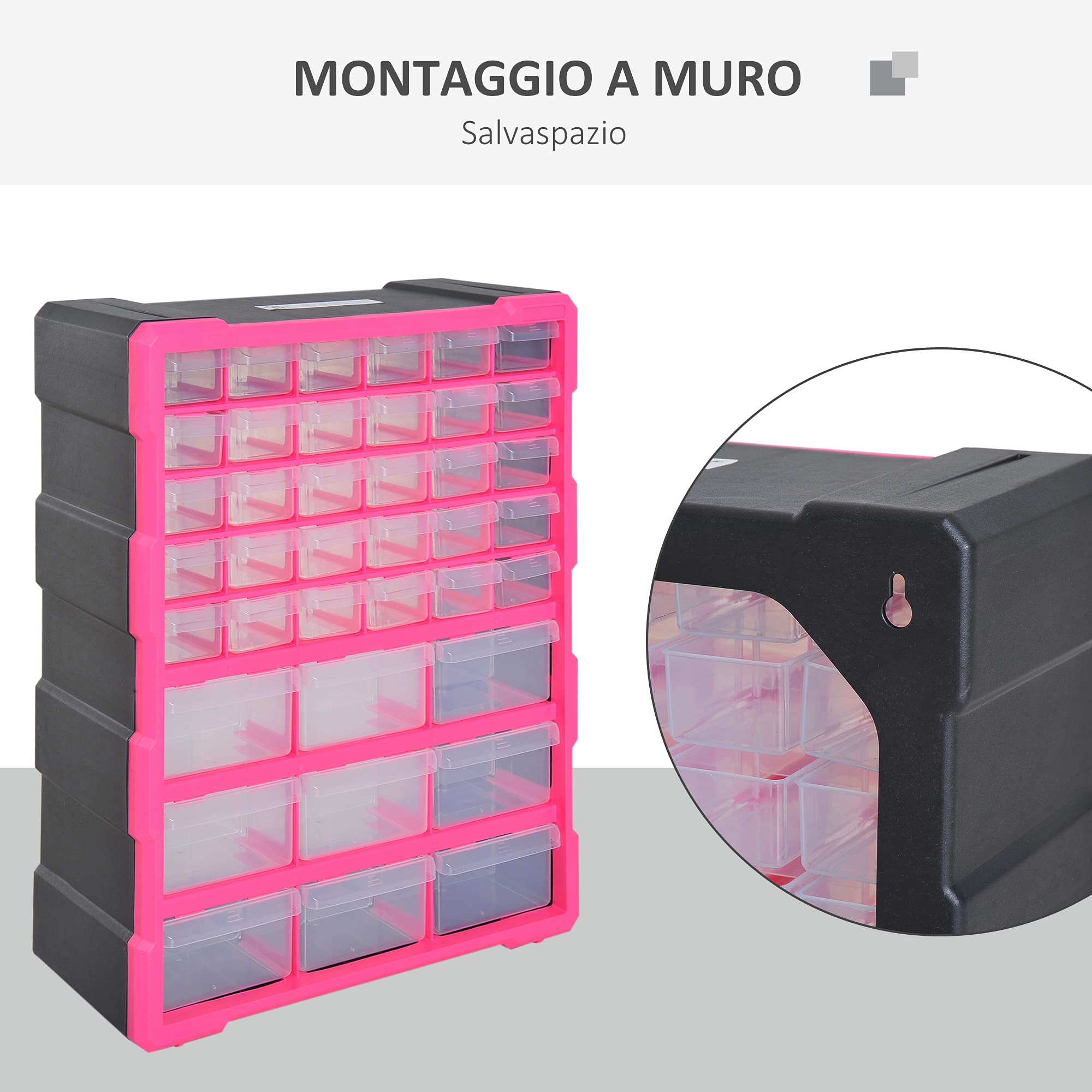 DURHAND Cajonera de plástico con 39 cajones transparentes, montaje en pared o en el suelo, 38 x 16 x 47,5 cm, rosa