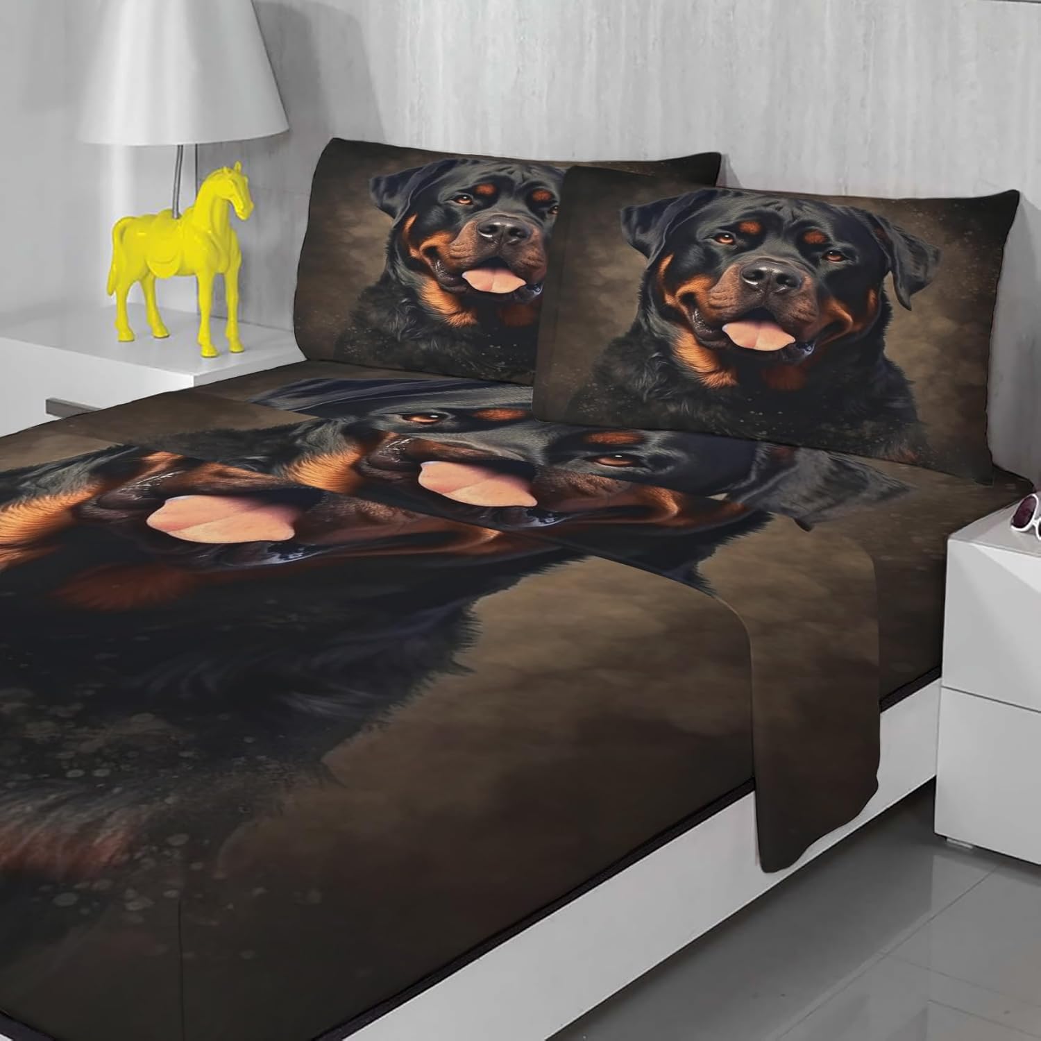 Queen Sheet Set, Rottweiler Bed Sheets, Dog Printed Bedding Sheets & Pillowcases - Deep Pocket & Soft Breathable Microfiber 1 Flat Sheet & 1 Fitted Sheet & 2 Pillow Cases