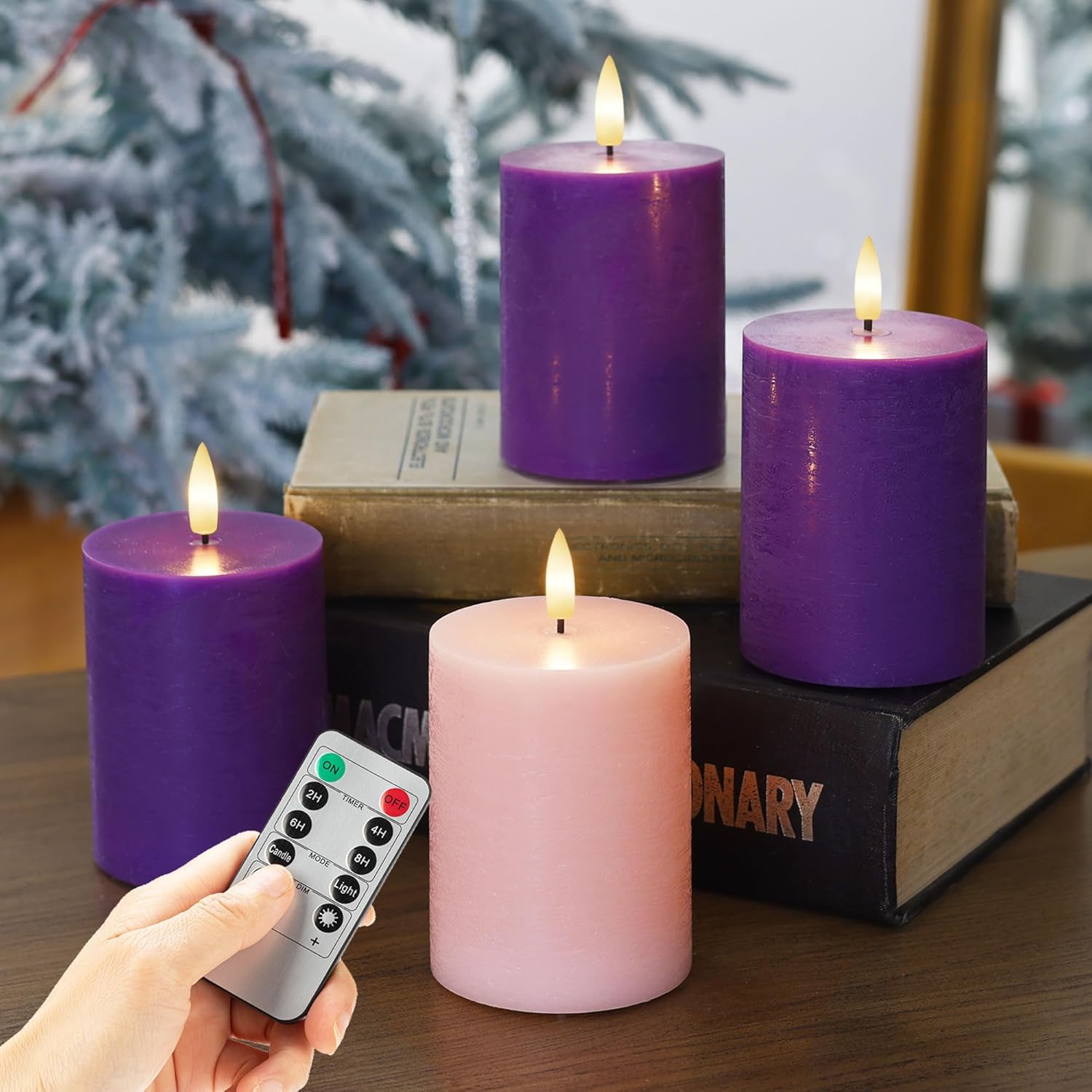 Flamelss Advent Candles, Battery Operated Wax Pillar Candles with Remote, Flat Top Flickering Flameless Candles, LED Candles for for Christmas, Catholic, Advent, Wreath, Purple and Pink