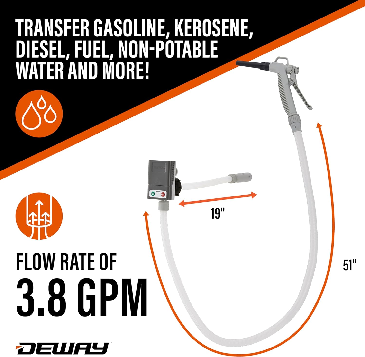 DeWay Gas Can Fuel Transfer Pump with Trigger Nozzle | Fast 3.8 GPM Flow Rate, 51” Hose & 3 Can Adapters for Gasoline, Kerosene, Diesel & Non-Potable Water | USB-C Cable or Battery Power - Image 8