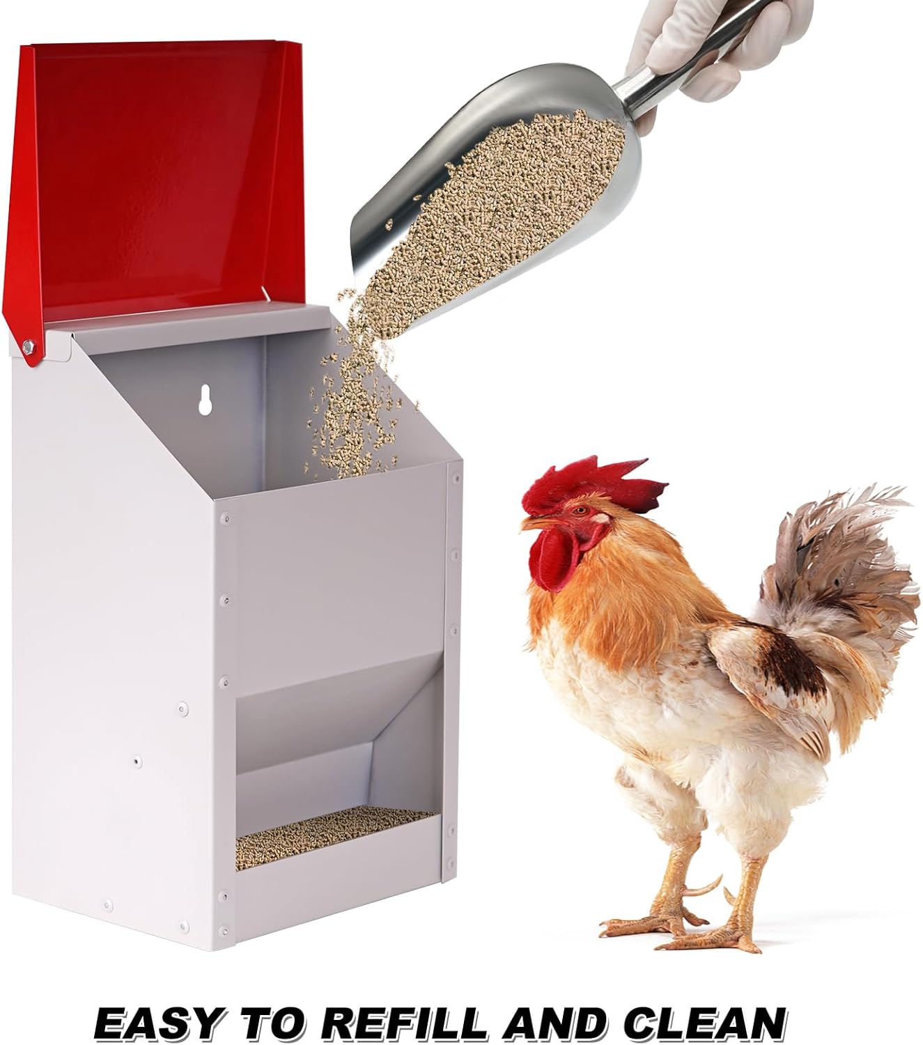 Automatic Metal Chicken Feeder Galvanized Poultry Feeder with Lid Outdoor Wall Mount Chicken Food Dispenser Gravity Fed Chicken Feeder Weatherproof No Waste Quail Duck Feeder (10LBS)