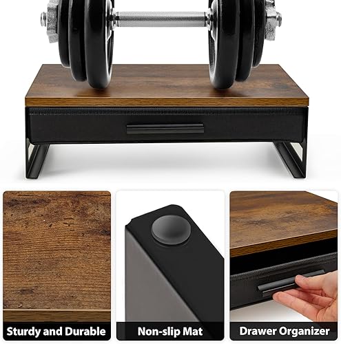 Miniatura 3 de MOTISHELF - Soporte de madera para monitor con cajón, elevador de monitor de escritorio con almacenamiento, estante organizador de escritorio para