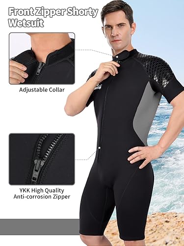 Miniatura 3 de Owntop Traje de neopreno corto de 0.118 pulgadas para hombre, trajes de buceo elásticos de manga corta de una pieza con cremallera frontal UPF50+
