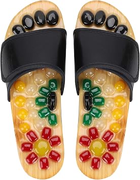 Massage Slippers Acupressure Foot Massager Adjustable Home Pebble Foot Slippers Reflexology Tools Stress Relief Gifts Summer Natural Cobblestone Stones Slippers for Men & Women