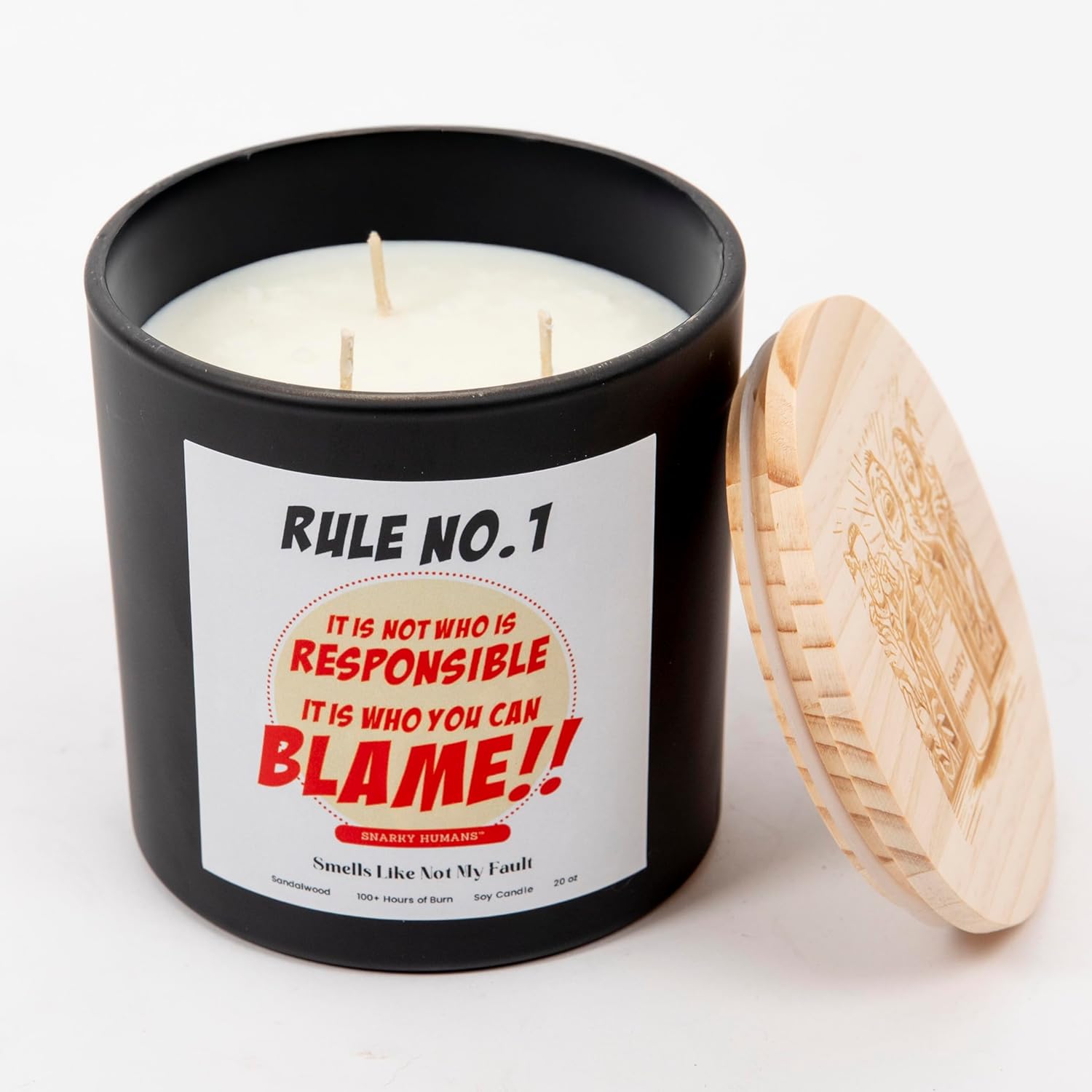 soy wax candle with glass jar & wooden lid, triple wick for clean & 120+ hours burn -hilarious & unapologetic gifts for men, women, friends & loved ones (my fault) sandlewood