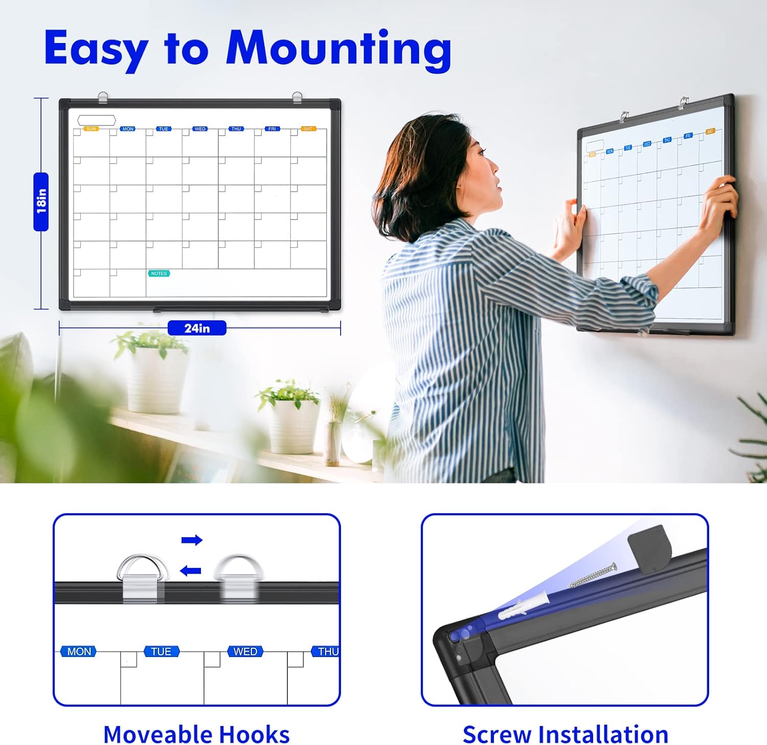 Dry Erase Calendar Whiteboard for Wall, 24" x 18" Magnetic Monthly White Board Calendar Dry Erase, Black Aluminum Frame with Tray for Home, School, Office