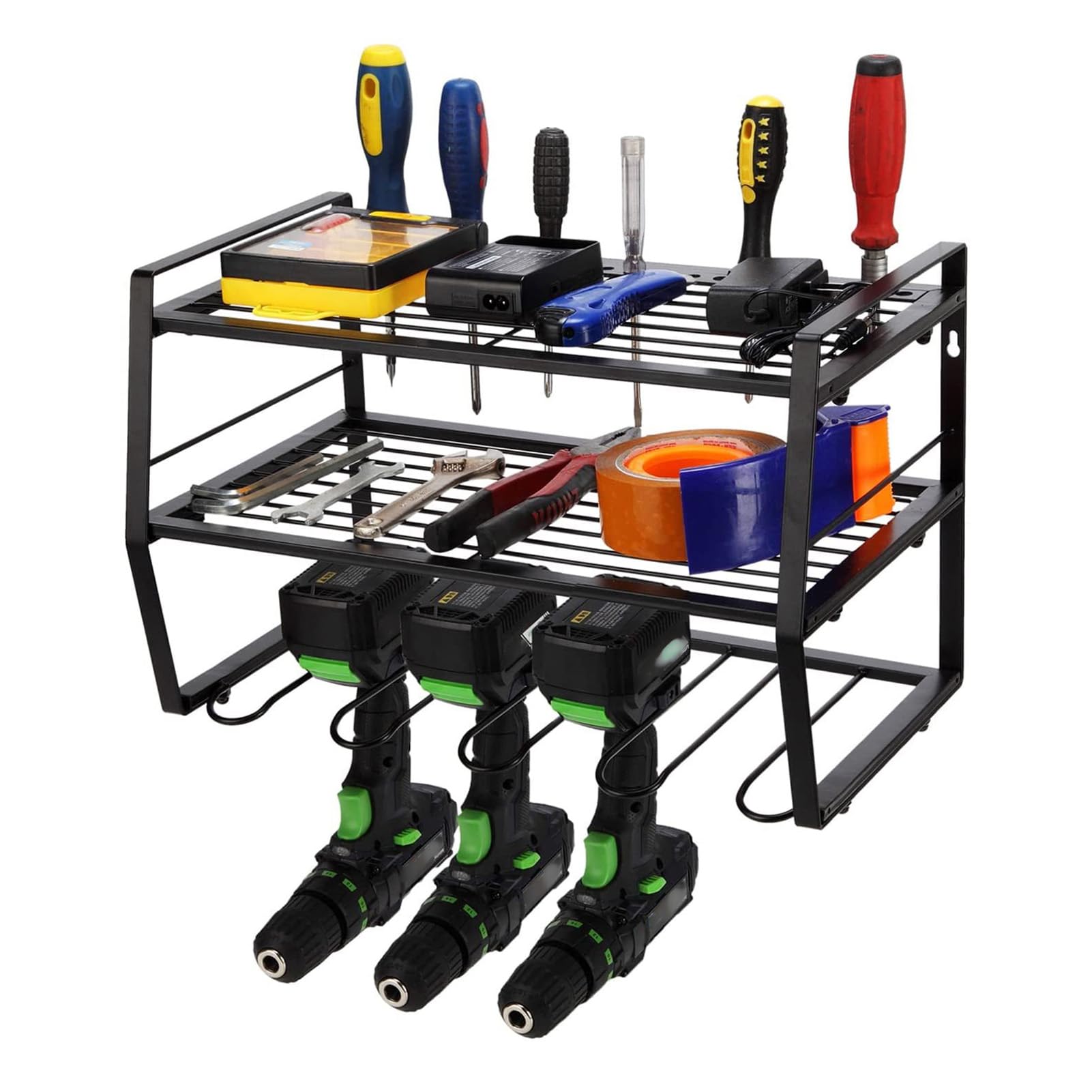 Organizador de herramientas eléctricas de 3 niveles, estante de almacenamiento de herramientas eléctricas montado en la pared, estante flotante resistente para herramientas, color negro