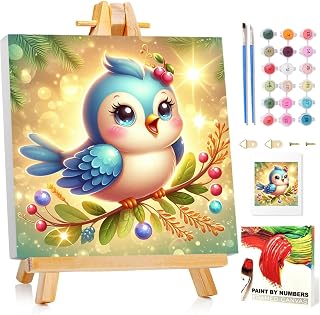 Mandun Paint by Numbers Kit for Kids with Frame, Bird Paint by Numbers for Kids Ages 4-8-12, DIY Bird Acrylic Oil Painting for Home Wall Art Decor Gift 7.8x7.8 inch (with Frame Easel)