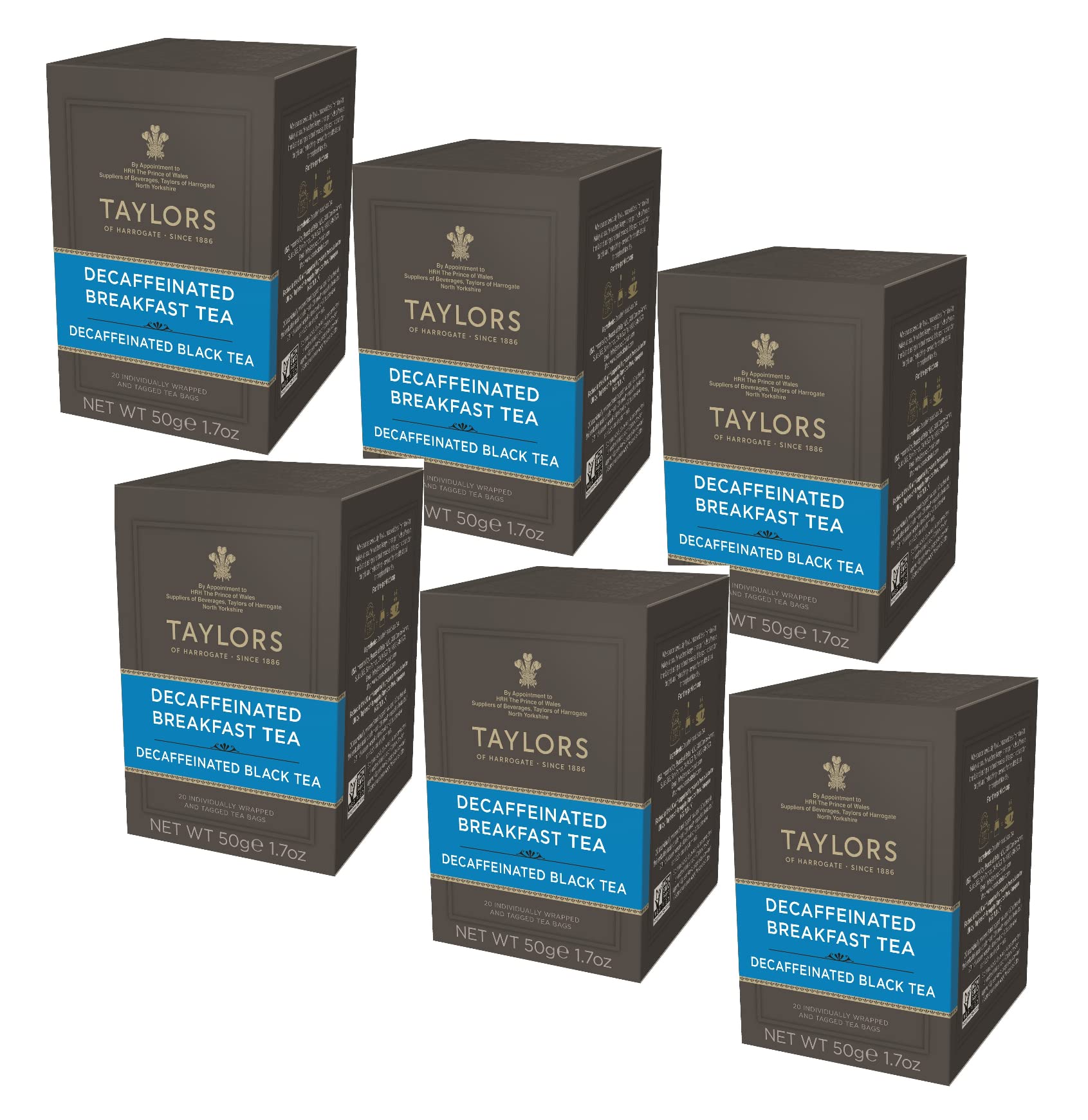 Taylors® | Jasne i orzeźwiające śniadanie angielskie Bezkofeinowa czarna herbata | Herbata Classic Deteinate - 6 x 20 filtrów (300 gr)