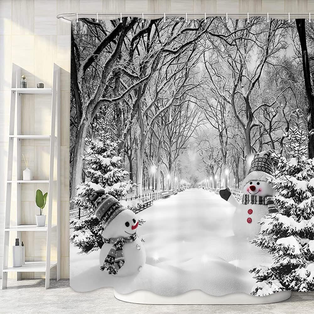 Winter Christmas Shower Curtain, Cute Snowman Snowflake Kids Bath Curtain, Xmas Pine Trees Grey White Snow Bathroom Accessories Nature Scenery Farmhouse Bathroom Curtain Liner Set with Hooks, 69x84IN