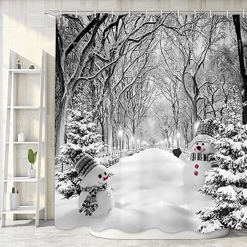 Winter Christmas Shower Curtain, Cute Snowman Snowflake Kids Bath Curtain, Xmas Pine Trees Grey White Snow Bathroom Accessories Nature Scenery Farmhouse Bathroom Curtain Liner Set with Hooks, 48x70IN