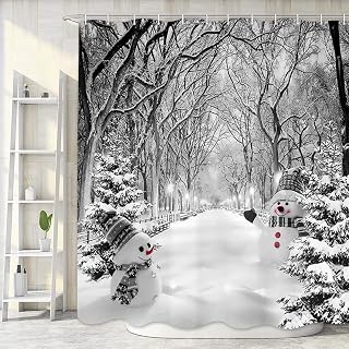 Winter Christmas Shower Curtain, Cute Snowman Snowflake Kids Bath Curtain, Xmas Pine Trees Grey White Snow Bathroom Accessories Nature Scenery Farmhouse Bathroom Curtain Liner Set with Hooks, 72x72IN