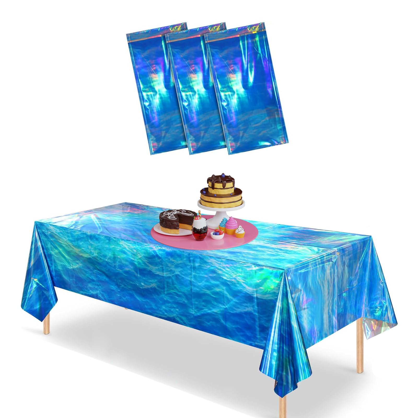 VARACL 3 Pack Disposable Plastic Iridescent Ocean Waves Tablecloth, Under the Sea Table Covers, 108”X54” Rectangle Blue Ocean Table Cloths for Summer