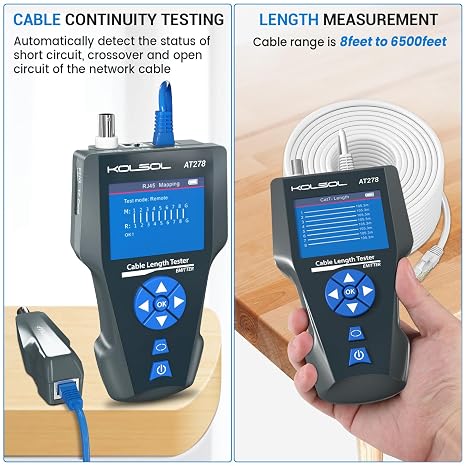 Network Cable Tester and Tracker, KOLSOL AT278 NF-8601S TDR Multifunction LCD LAN Ethernet Poe Cable Tester for RJ45/RJ11/BNC/Metal Cable - PING/POE Wire Tracker for Length & Distance to Fault Testing