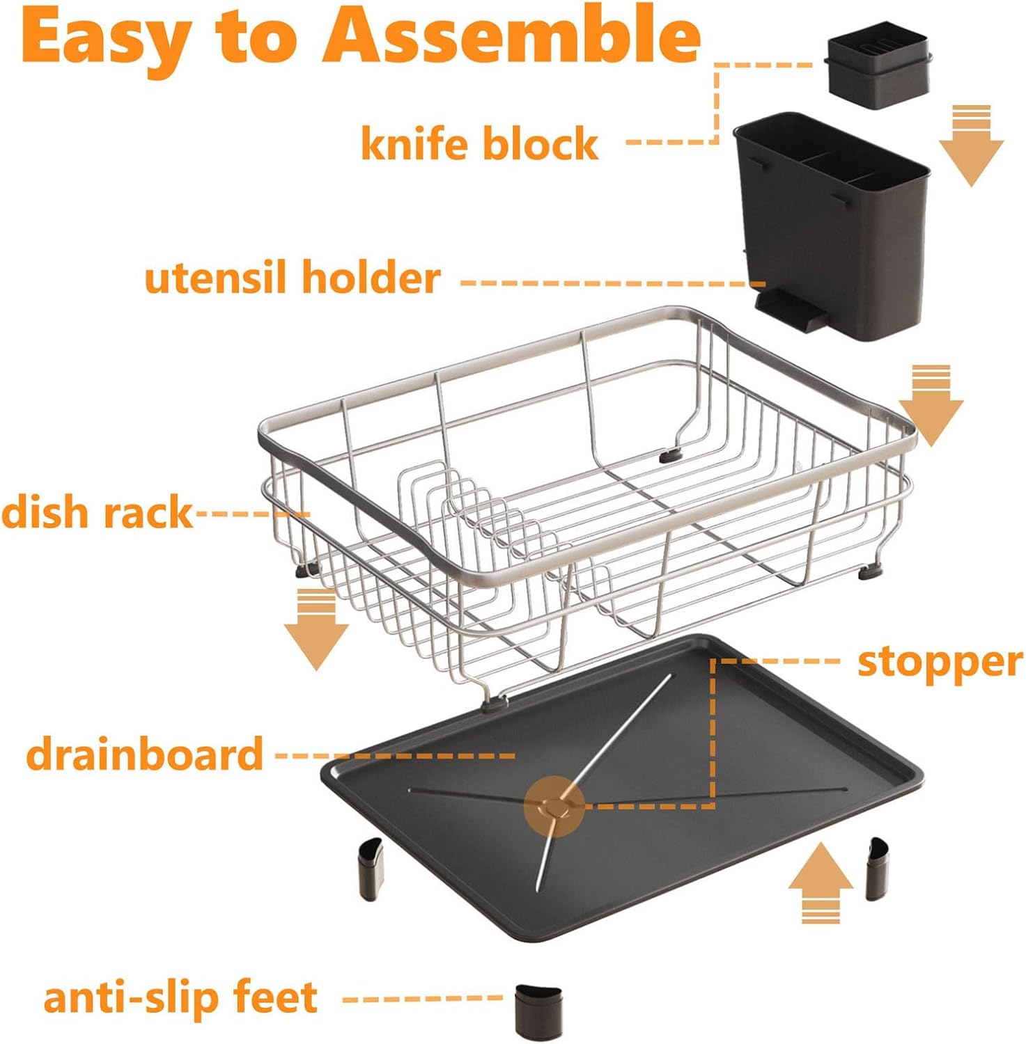AIDERLY Stainless Steel Dish Drying Rack with Drainboard Dish Drainers for Kitchen Counter Extendable Spout Strainers with Utensil Holder and Knife Slots, Black