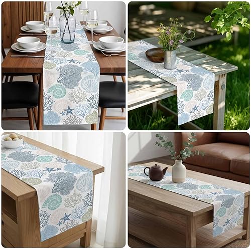 Miniatura 9 de Camino de mesa rectangular de lino y algodón azul verde azulado coral de 13 x 36 pulgadas, estrellas de mar de mar costero moderno geométrico