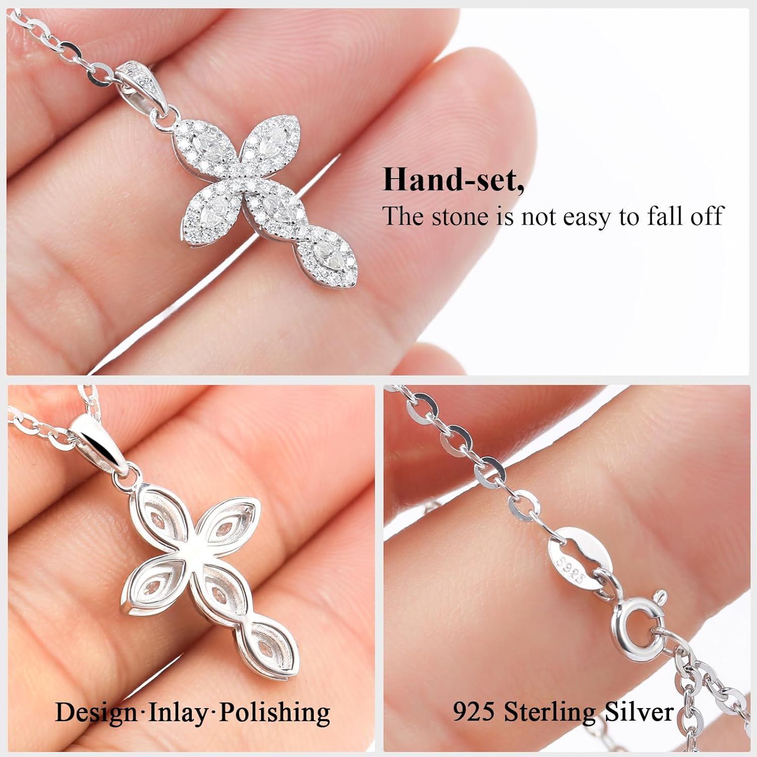 1.66 Cttw Marquise Cut Moissanite Cross Crucifix Pendant Necklace, 18K White Gold Plated 925 Sterling Silver Faith Jewelry for Women, Christian Religious Gift for Mom Wife Girlfriend Birthday Anniversary