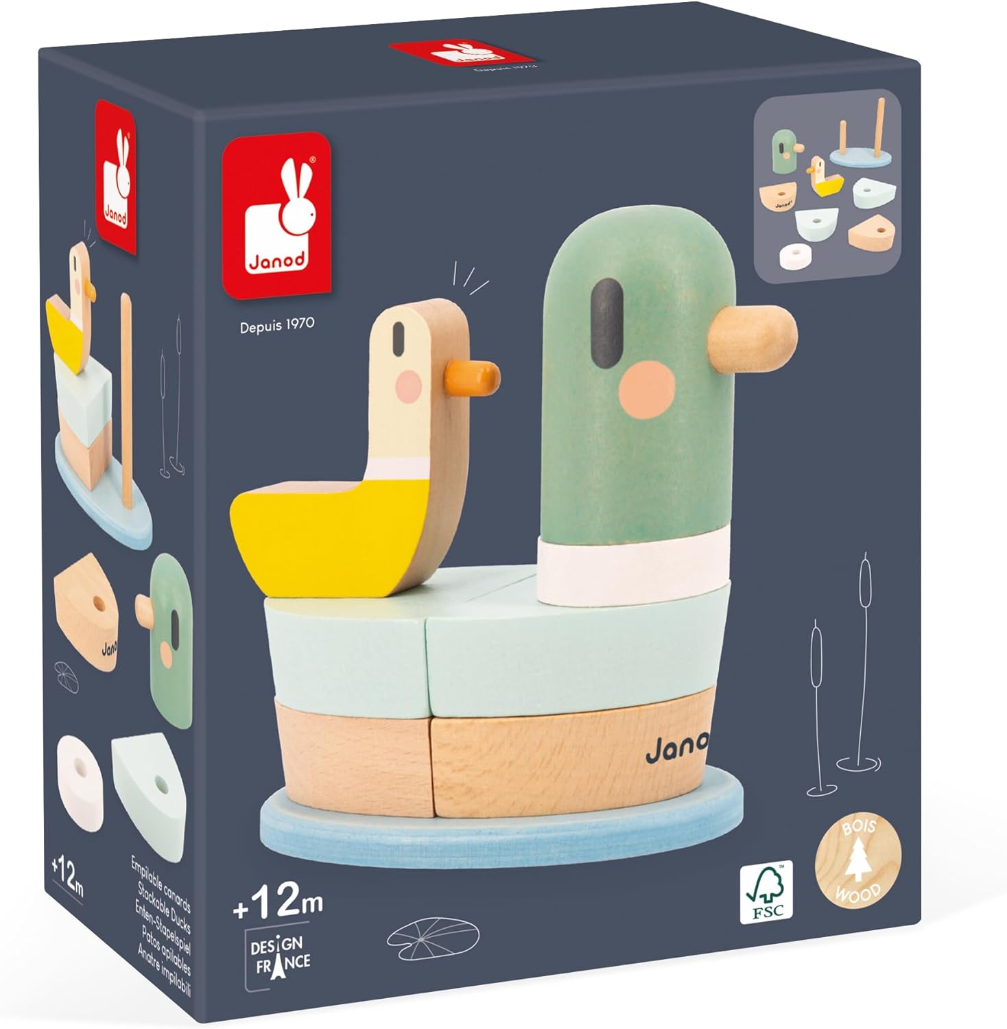 Janod Sweet Cocoon Duck-7x - Wood Stackable Pieces-Early-Learning Game-Develops Fine Motor Skills-12 Months +, J04059, Multicolor