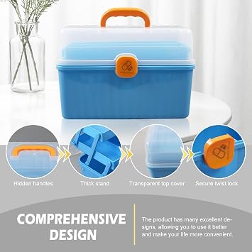 3-Tier Large Medicine Storage Box with Handle and Lid | Portable Medication Storage Container, 32 × 18 × 22 cm First Aid Box for Home, Office and Travel, Blue