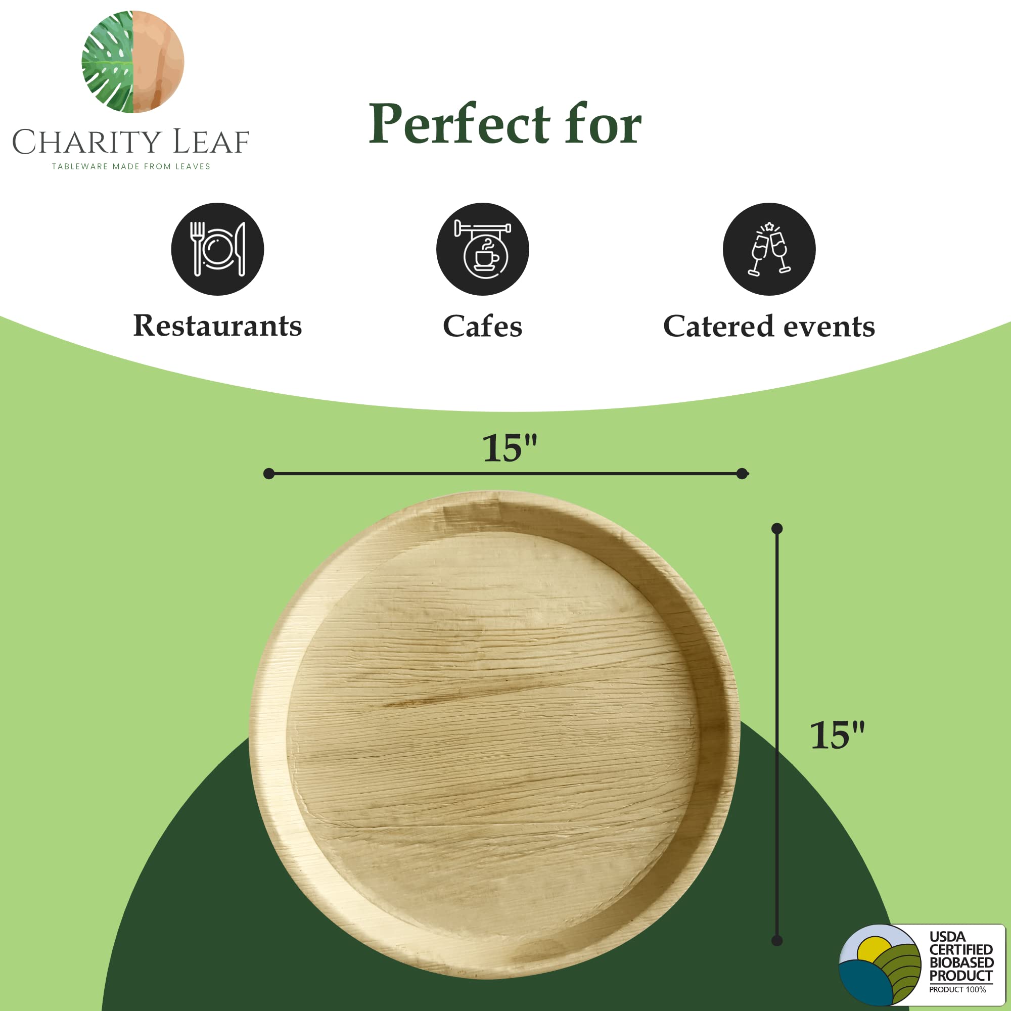 Charity Leaf Jednorazowe okrągłe tace z liści palmowych 38 cm (10 sztuk) bambusowe talerze do serwowania, jednorazowe deski, ekologiczna zastawa stołowa na wesela, catering, wydarzenia, odwiedź sklep