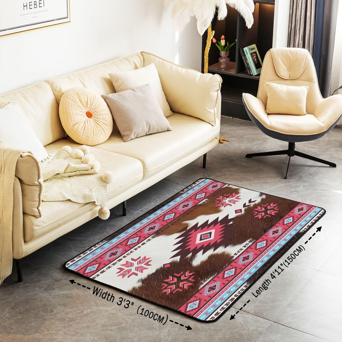 Homewish Zachodni aztecki dywan boho 100 x 150 cm do sypialni - różowy geometryczny dywan do salonu vintage południowo-zachodnia skóra bydlęca nie gubi włosia dywan diamentowy trójkąt duże dywany