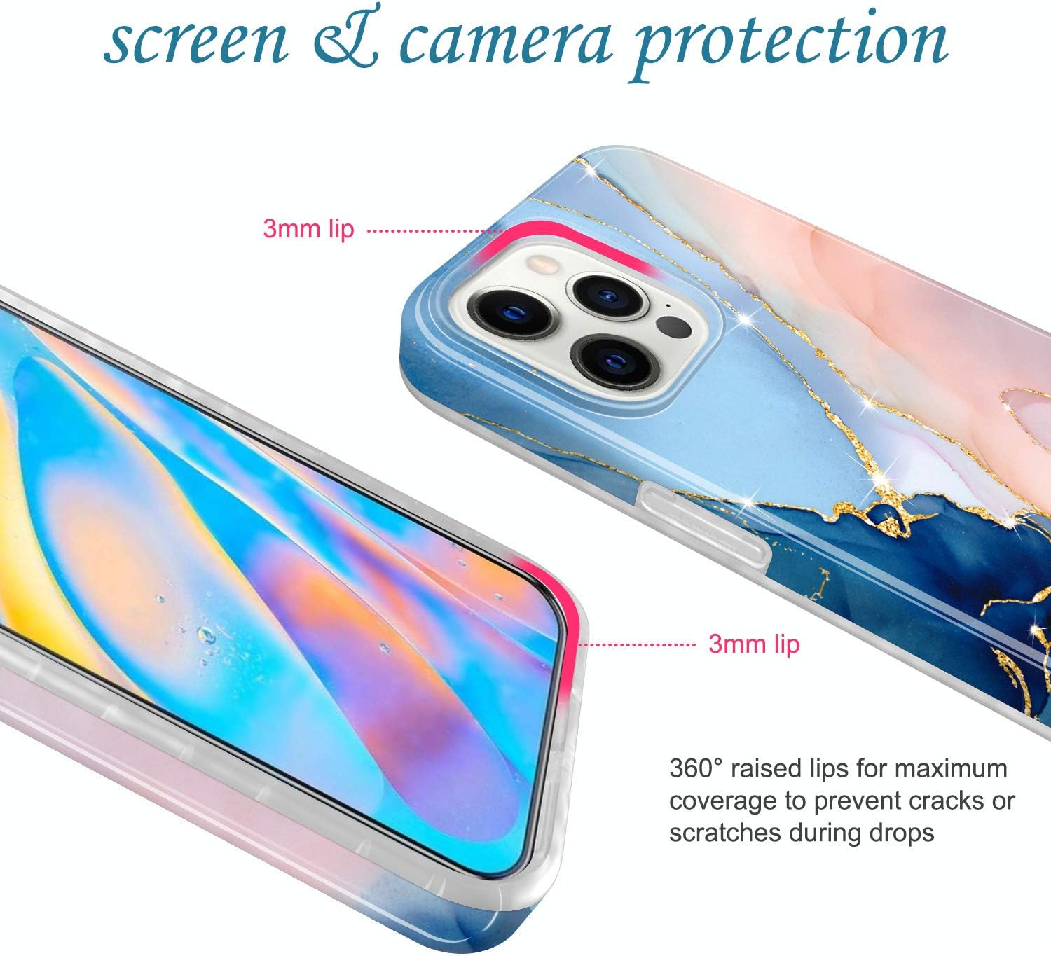 JIAXIUFEN for iPhone 12 Pro Max Case Gold Sparkle Glitter Marble Design Slim Shockproof TPU Soft Rubber Silicone Cover Phone Case Compatible with iPhone 12 Pro Max 6.7" Purple Blue - Image 3