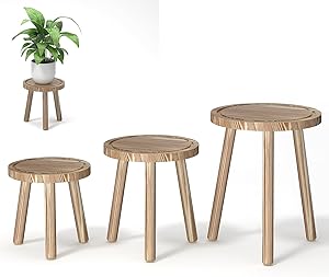 3-Pack Wood Plant Stands Indoor, Single Plant Stand for 6-12 Inch Pots, Mid-Century Modern Plant Stool, Tall Plant Stand for Large Plants for Living Room, Balcony, Office (Light Brown