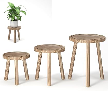 3-Pack Wood Plant Stands Indoor, Single Plant Stand for 6-12 Inch Pots, Mid-Century Modern Plant Stool, Tall Plant Stand for Large Plants for Living Room, Balcony, Office Light Brown