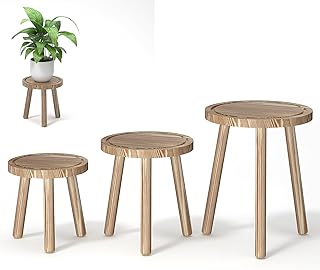 Vecxoty 3-Pack Wood Plant Stands Indoor, Single Plant Stand for 6-12 Inch Pots, Mid-Century Modern Plant Stool, Tall Plant Stand for Large Plants for Living Room, Balcony, Office (Light Brown