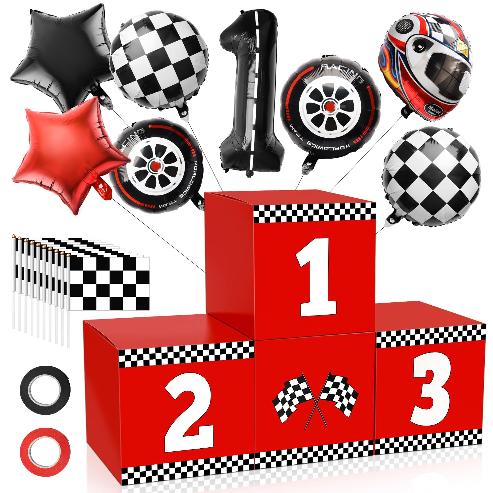 4+18 P Racing Car Party Boxes, Windspeed 4 Racecar Boxes for Racing Car Themed Birthday Party Fast One Birthday Decorations with 10 Checkered Flags 8