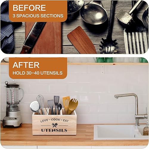 Miniatura 3 de MINCORD Soporte para utensilios de bambú con 3 compartimentos para encimera de cocina, organizador de cubiertos rústico, caja de almacenamiento de