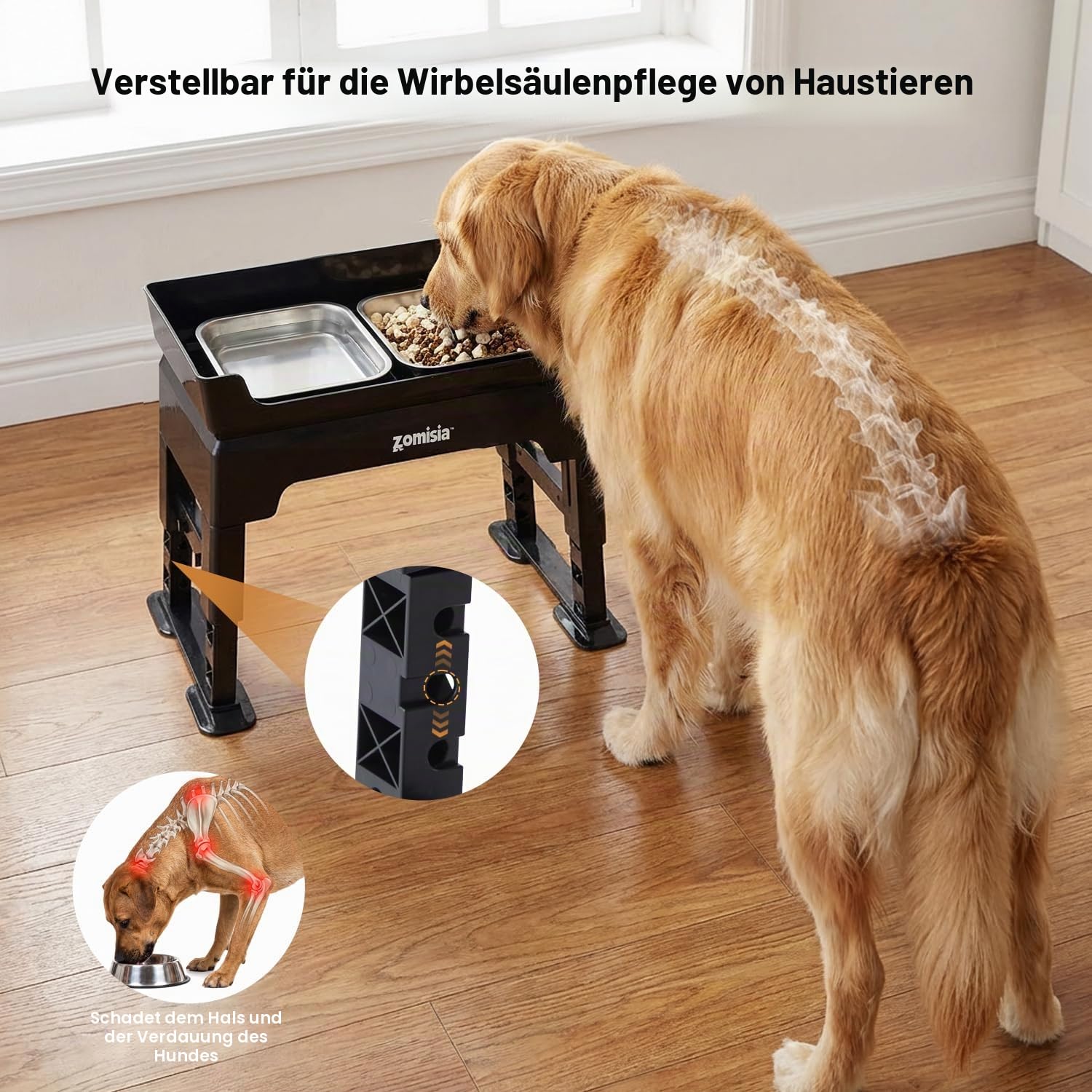 ZOMISIA 3-in-1 Hundenapf erhöht – 6 Höhenverstellbar Antischlingnapf erhöhter Futternapf 17–40cm, Futterstation Hund mit 2 Edelstahlnäpfen 1,6L, Slow Feeder Teller, für kleine, mittlere & große Hunde