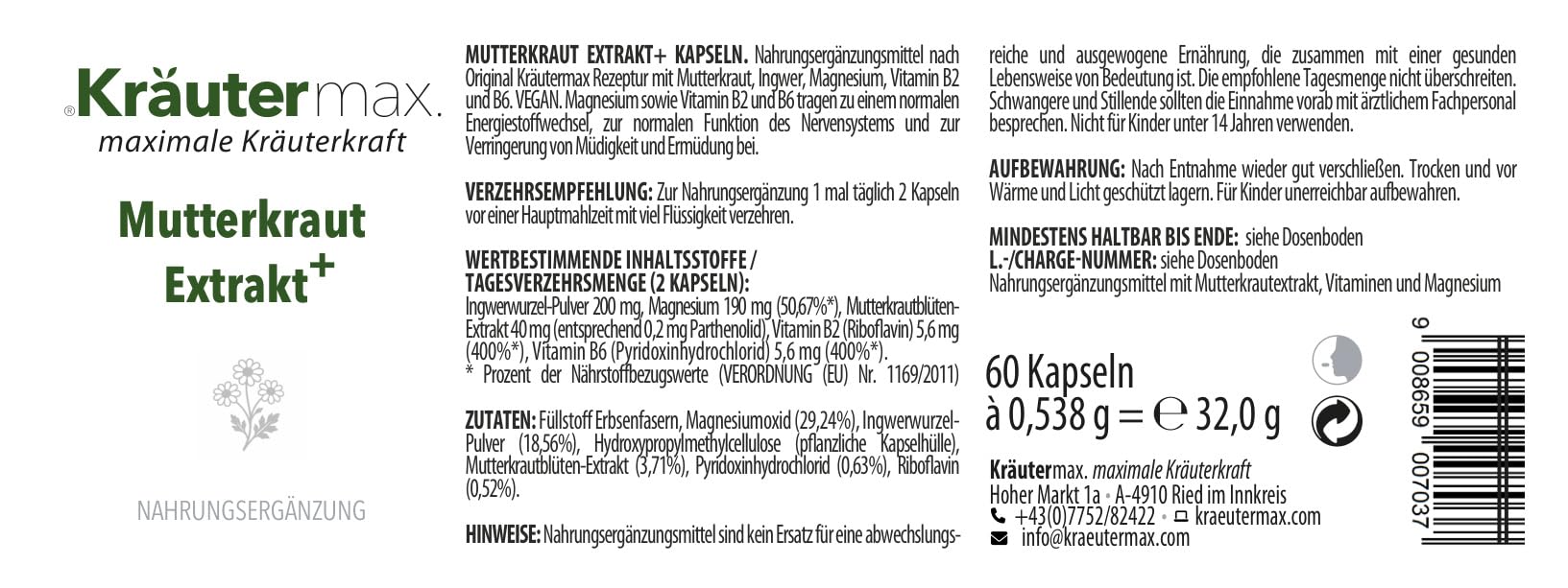 Kräutermax Mutterkraut Kapseln Extrakt Hochdosiert mit Ingwer, Magnesium & Vitamin B, Ideal als Ersatz zu Tropfen, Tee, 60 Stück
