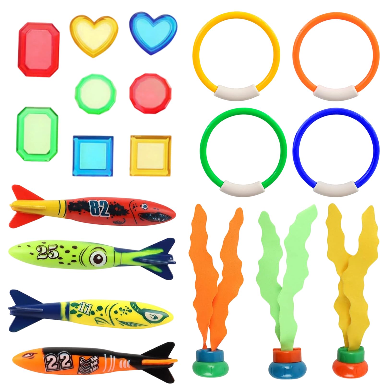 Tauchspielzeug Set Kinder 19 PCS, Unterwasser TauchspielzeugTauchtorpedo, Algenspielzeug & Tauchjuwelen - Spielzeug für Jungen Mädchen ab 4Jahren