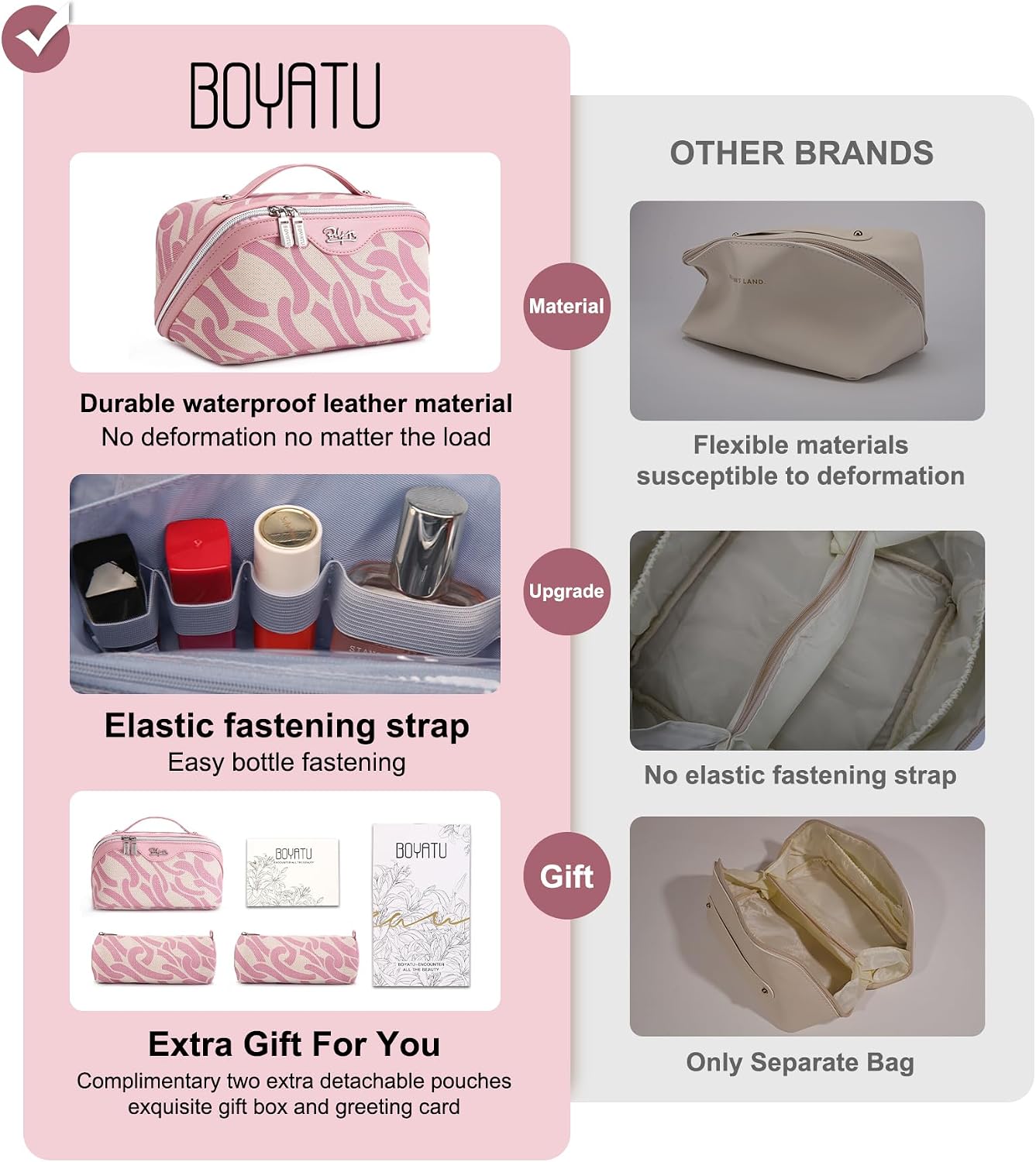 BOYATU Travel Makeup Bag for Women: Large Capacity 3-Piece Cosmetic & Toiletry Organizer - Expands Storage by 50% with 2 Detachable Pouches,Opens Flat for Easy Packing,Waterproof PU Leather(Pink)