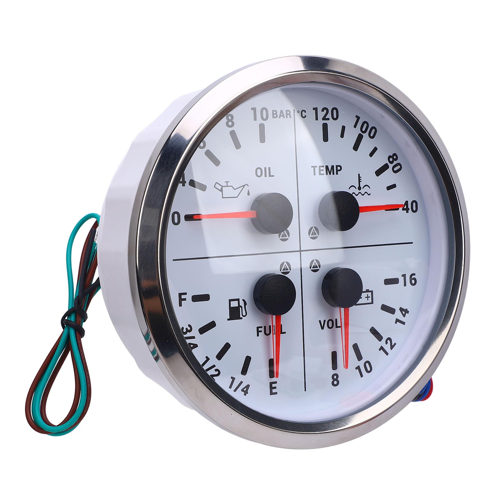 Drfeify Wielofunkcyjny Wskaźnik 4 w 1 Cyfrowy Poziom Paliwa Ciśnienie Temperatura Wody Woltomierz Metal 4 3 8 Cali 104 do 248F 0 do 10 Barów 8 16 V dla RV Yacht Truck Van (Srebrna ramka z białą