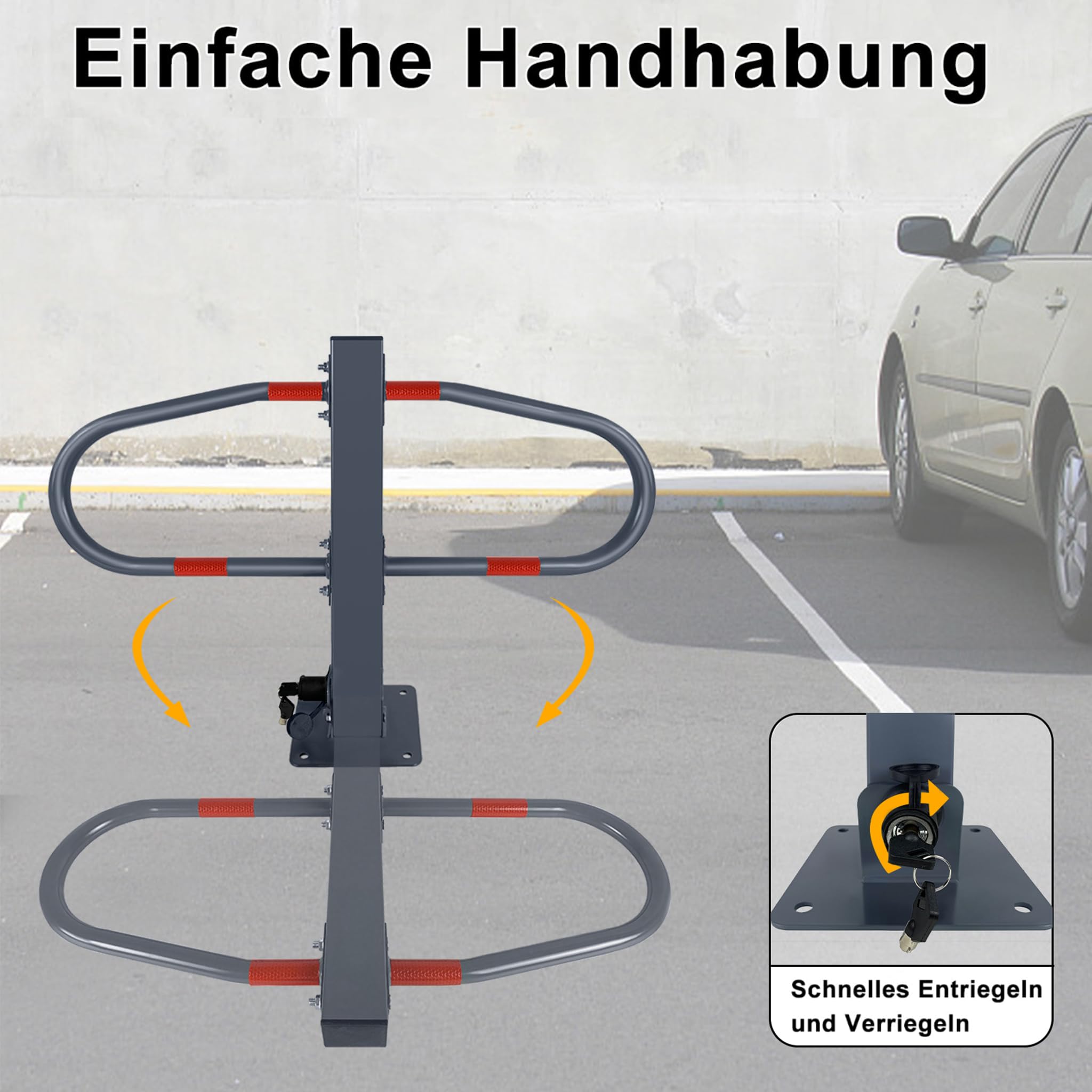 XMTECH Parkplatzsperre klappbar aus Stahl, Parkpfosten mit Schloss & 2 Schlüsseln, 4 Reflektorstreifen, wetterfeste Parkplatz Absperrung für privaten Stellplatz, 50H x 73B x 18T cm Parkbügel (1 Stück)