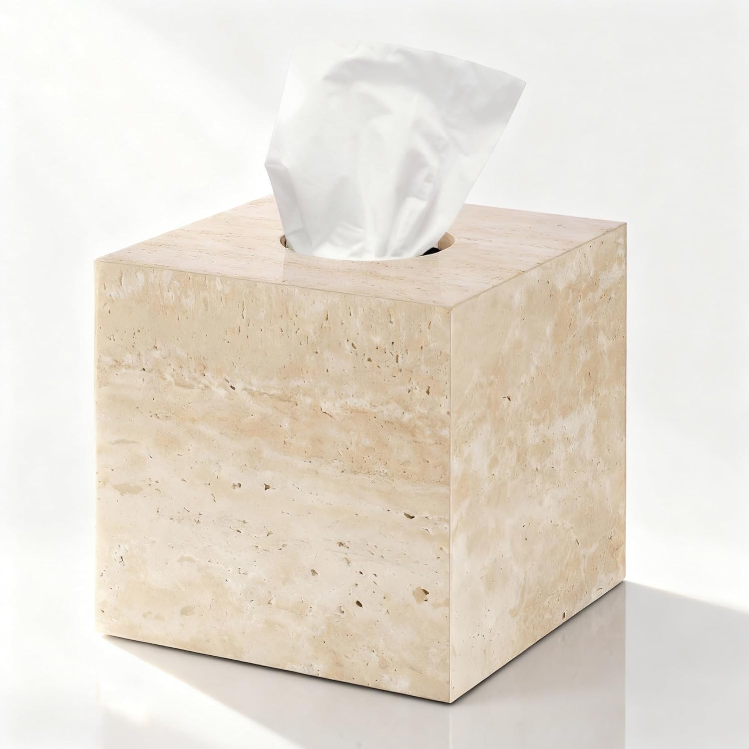 Natural Travertine Marble Tissue Box Holder Cover, Square Cube Tissue Box Holder with Open Bottom for Bathroom Vanity Tops, Bedroom Dressers, Kitchen Countertop, Travertine Beige(NS022)